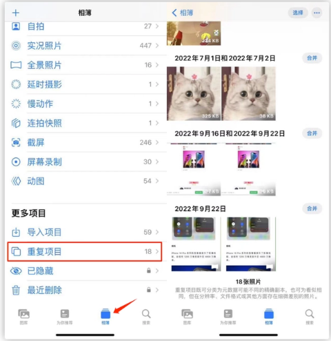 洛浦苹果手机维修分享iOS 16 中相册重复项目功能使用方法 